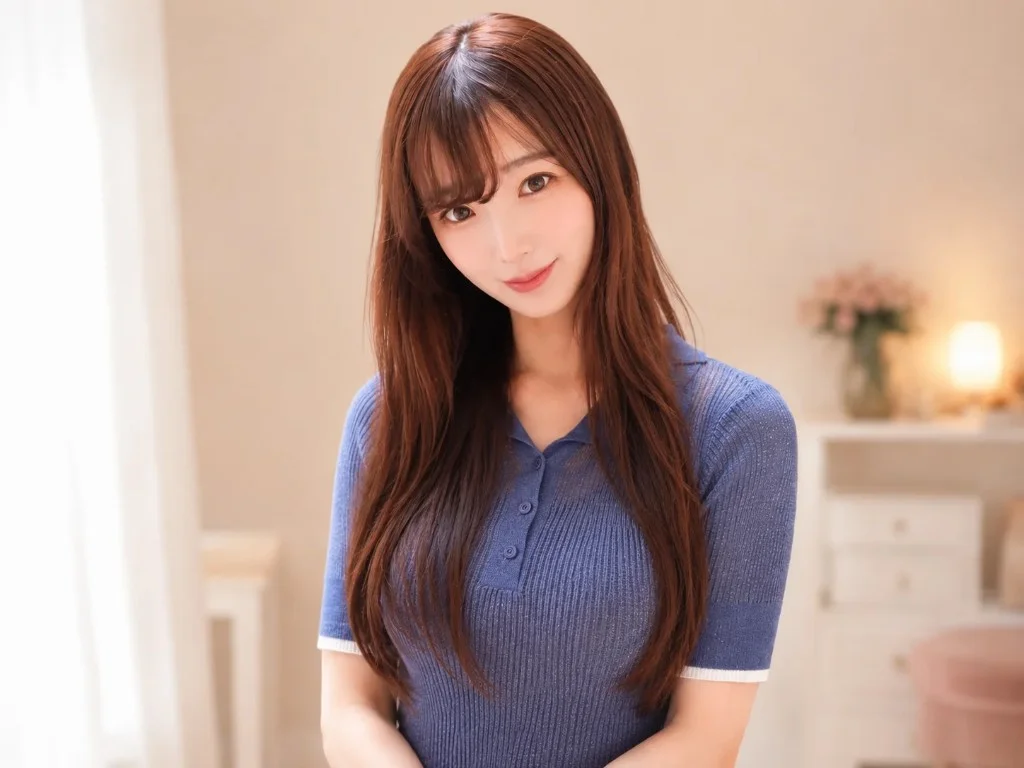 青いトップスを着て在宅ワークをする女性